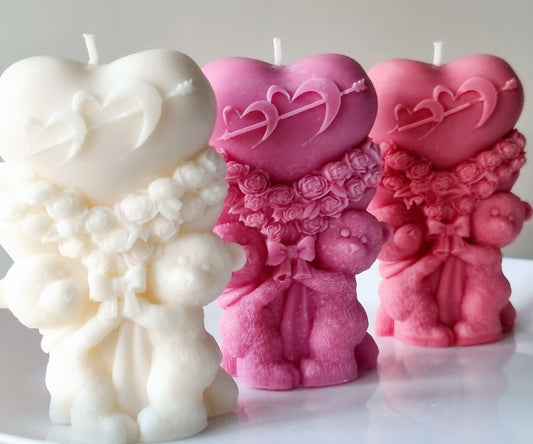 Teddy Bears Holding Heart-Shaped Flower Bouquet/Handmade Scented Soy Candle